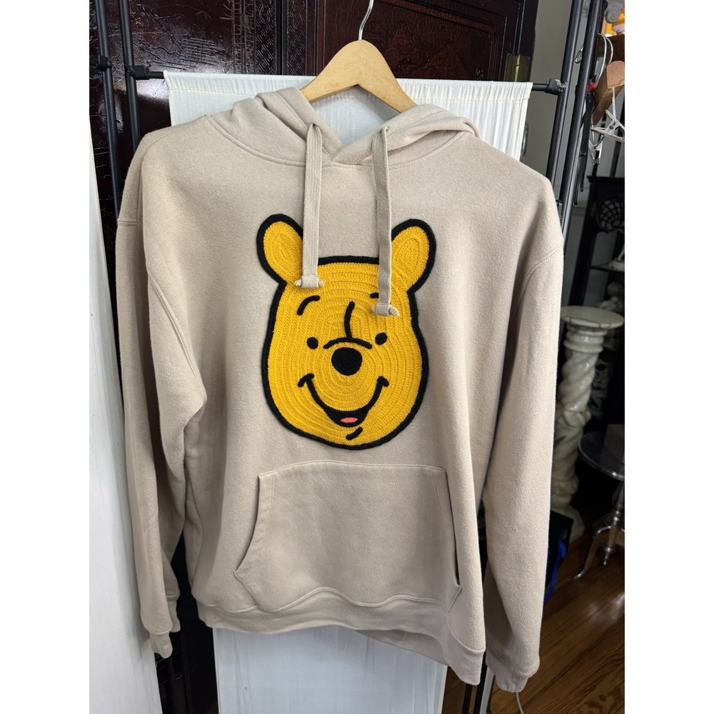 Disney Winnie the Pooh Women's Large Sand Beige Pullover Hoodie Embroidered Face